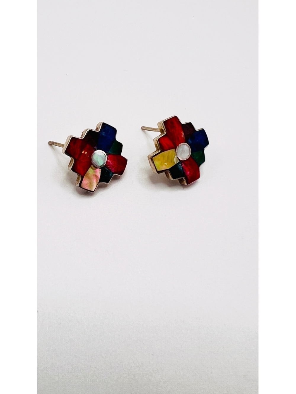 Vintage 925 Sterling Silver Multicolor Stone Shell Inlay Stud Earrings